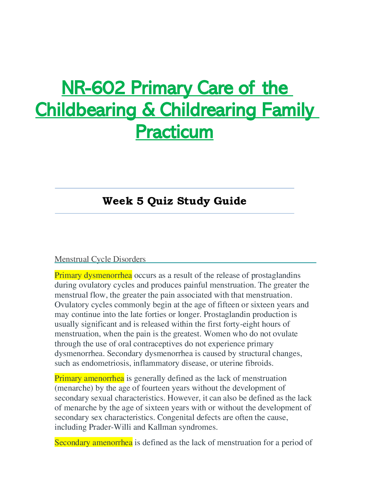Preview image for NR602 / NR-602 Week 5 Quiz Study Guide (Latest): Primary Care of the Childbearing & Childrearing Family Practicum - Chamberlain